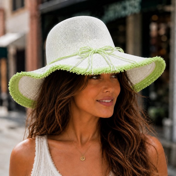 Straw Big Rim Hats - Paper Straw w/ Fringe Trim - Lime Green - HT-ST299LM